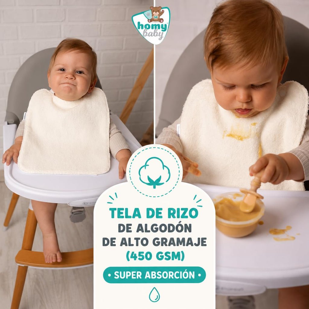 HOMYBABY® Pack 5 Baberos Rizo Bebe Impermeables y Absorbentes - Ideal Guarderia - Fáciles de Poner y Quitar - Rizo Suave Algodón y Capa de Poliester Repelente Líquido - Babero Resistente Reutilizable