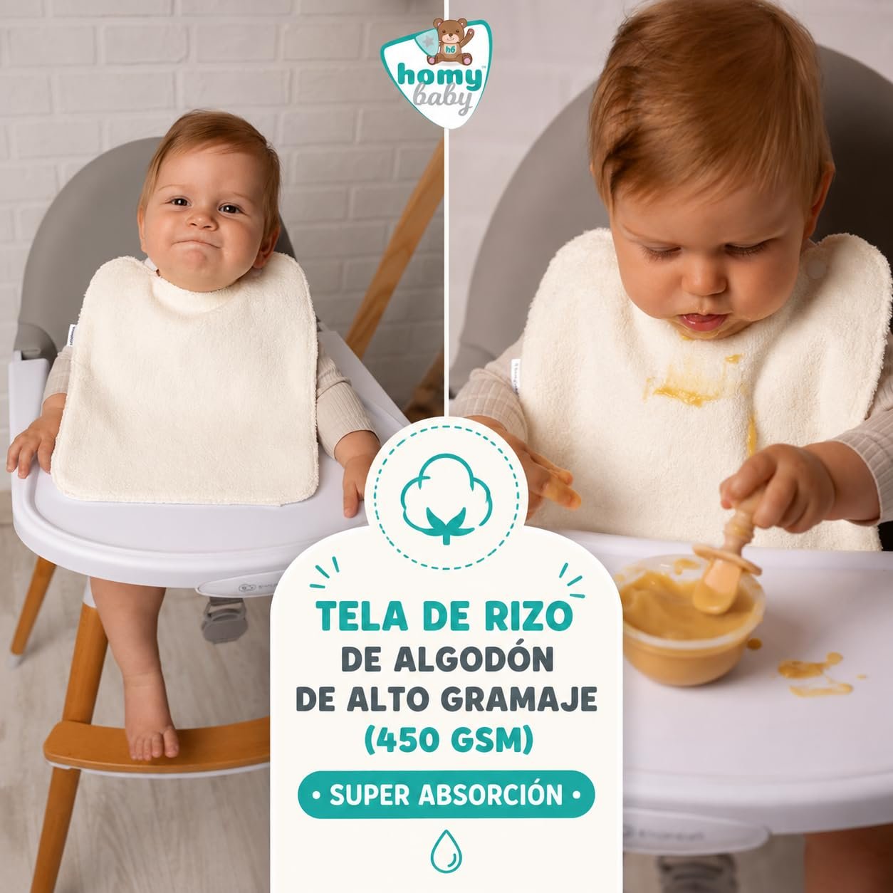HOMYBABY® Pack 5 Baberos Rizo Bebe Impermeables y Absorbentes - Ideal Guarderia - Fáciles de Poner y Quitar - Rizo Suave Algodón y Capa de Poliester Repelente Líquido - Babero Resistente Reutilizable