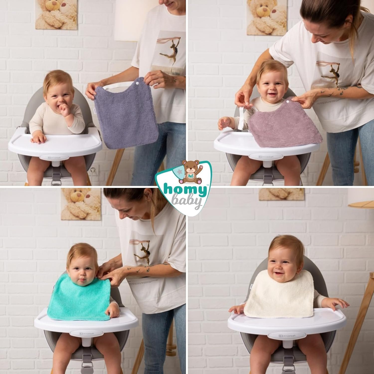 HOMYBABY® Pack 5 Baberos Rizo Bebe Impermeables y Absorbentes - Ideal Guarderia - Fáciles de Poner y Quitar - Rizo Suave Algodón y Capa de Poliester Repelente Líquido - Babero Resistente Reutilizable
