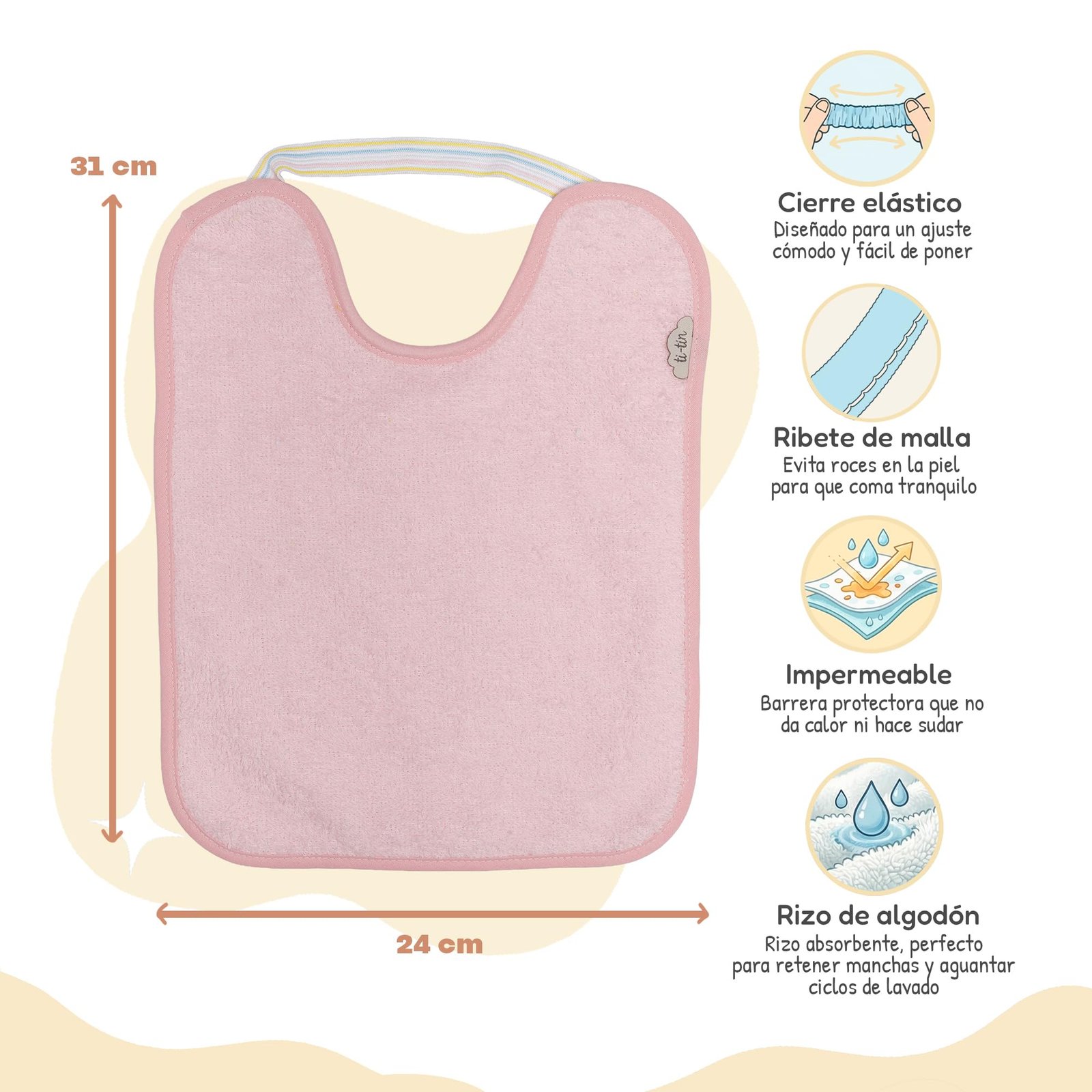 Ti TIN Pack 5 Baberos Bebé Impermeables 31x24 cm, 6-12 Meses | 100% Rizo Algodón Suave y Absorvente, Ideal Guardería, Ajustable con Goma Elástica, Lavadora y Secadora