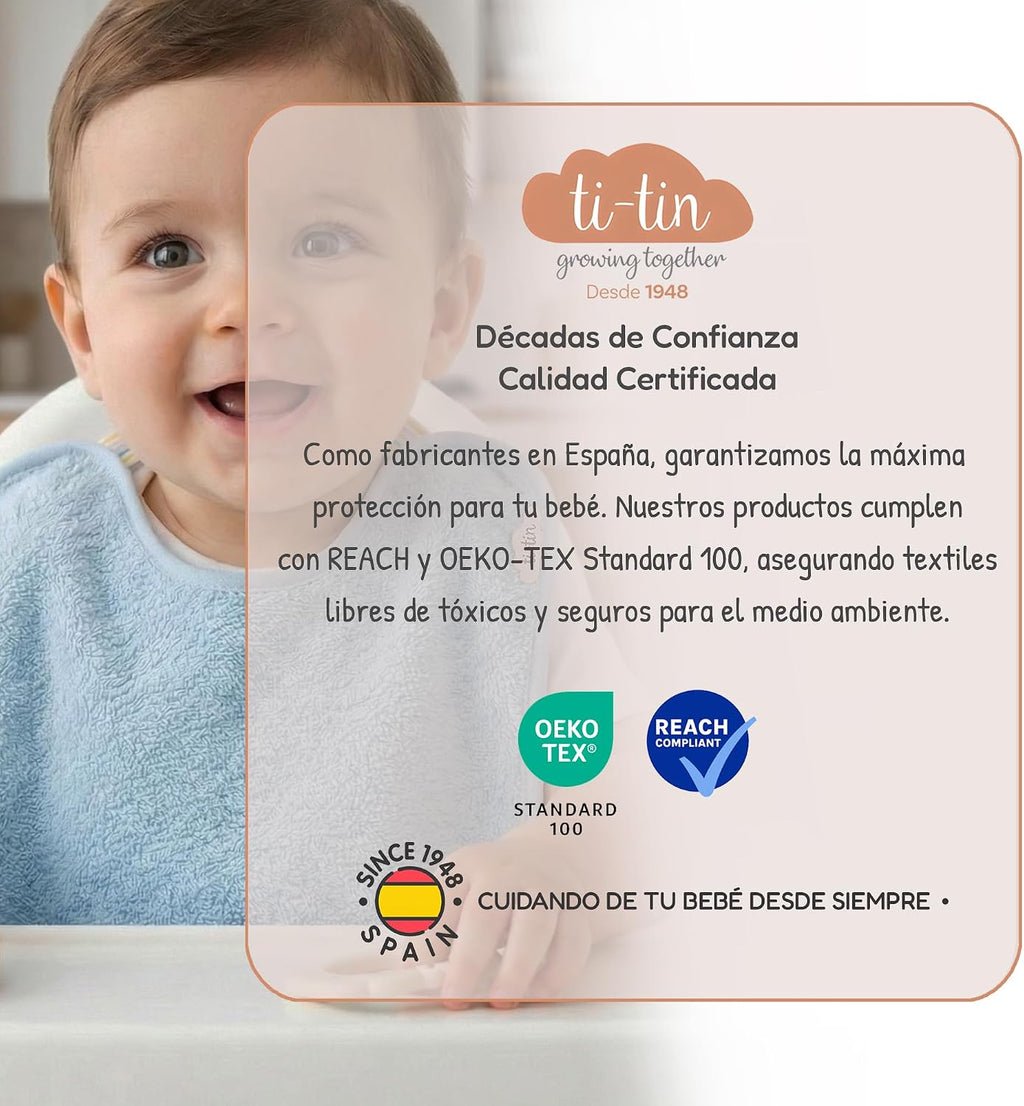 Ti TIN Pack 5 Baberos Bebé Impermeables 31x24 cm, 6-12 Meses | 100% Rizo Algodón Suave y Absorvente, Ideal Guardería, Ajustable con Goma Elástica, Lavadora y Secadora
