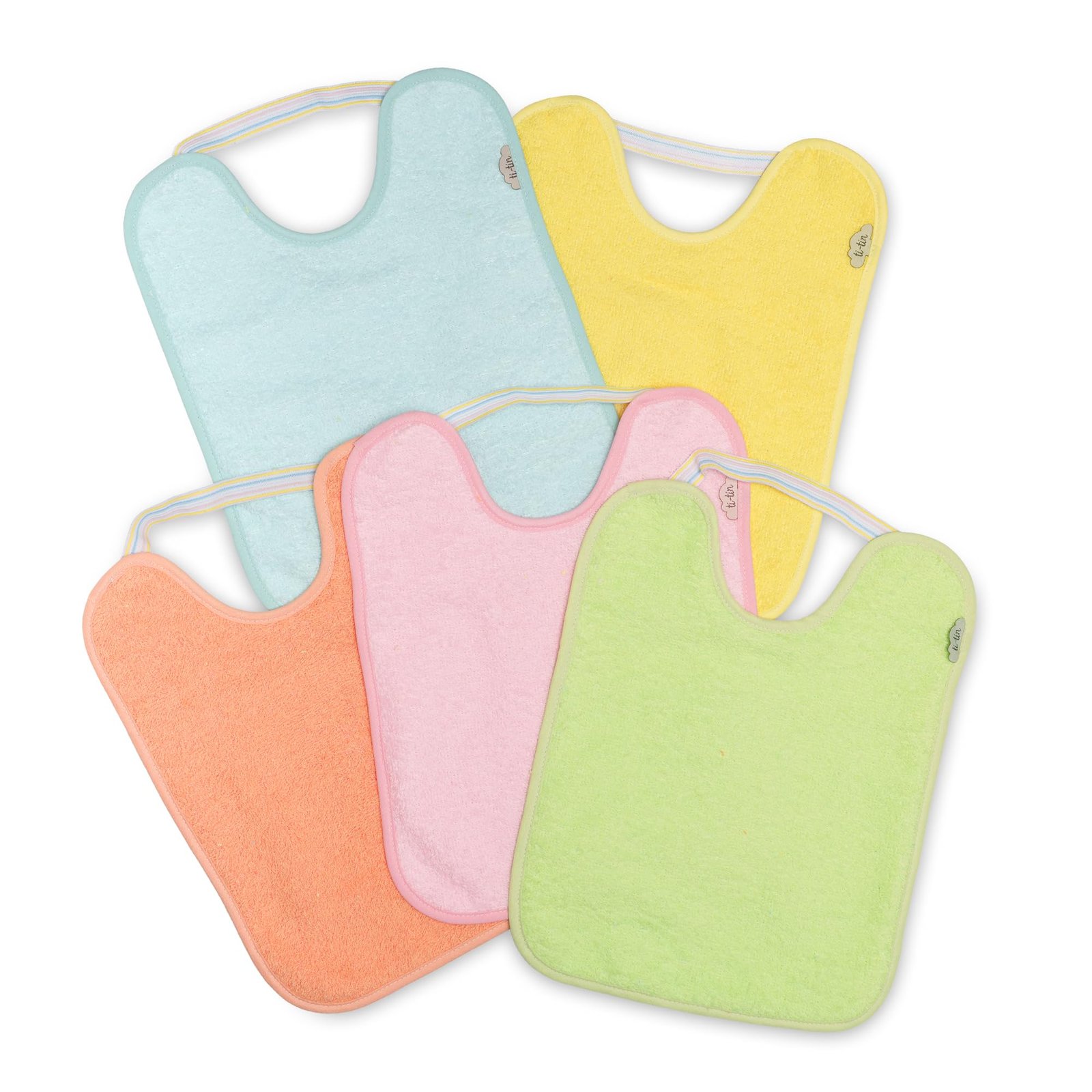 Ti TIN Pack 5 Baberos Bebé Impermeables 31x24 cm, 6-12 Meses | 100% Rizo Algodón Suave y Absorvente, Ideal Guardería, Ajustable con Goma Elástica, Lavadora y Secadora