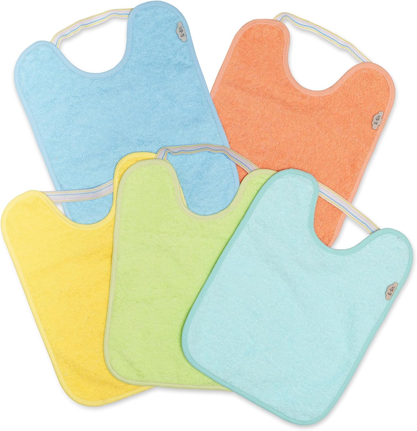 Ti TIN Pack 5 Baberos Bebé Impermeables 31x24 cm, 6-12 Meses | 100% Rizo Algodón Suave y Absorvente, Ideal Guardería, Ajustable con Goma Elástica, Lavadora y Secadora