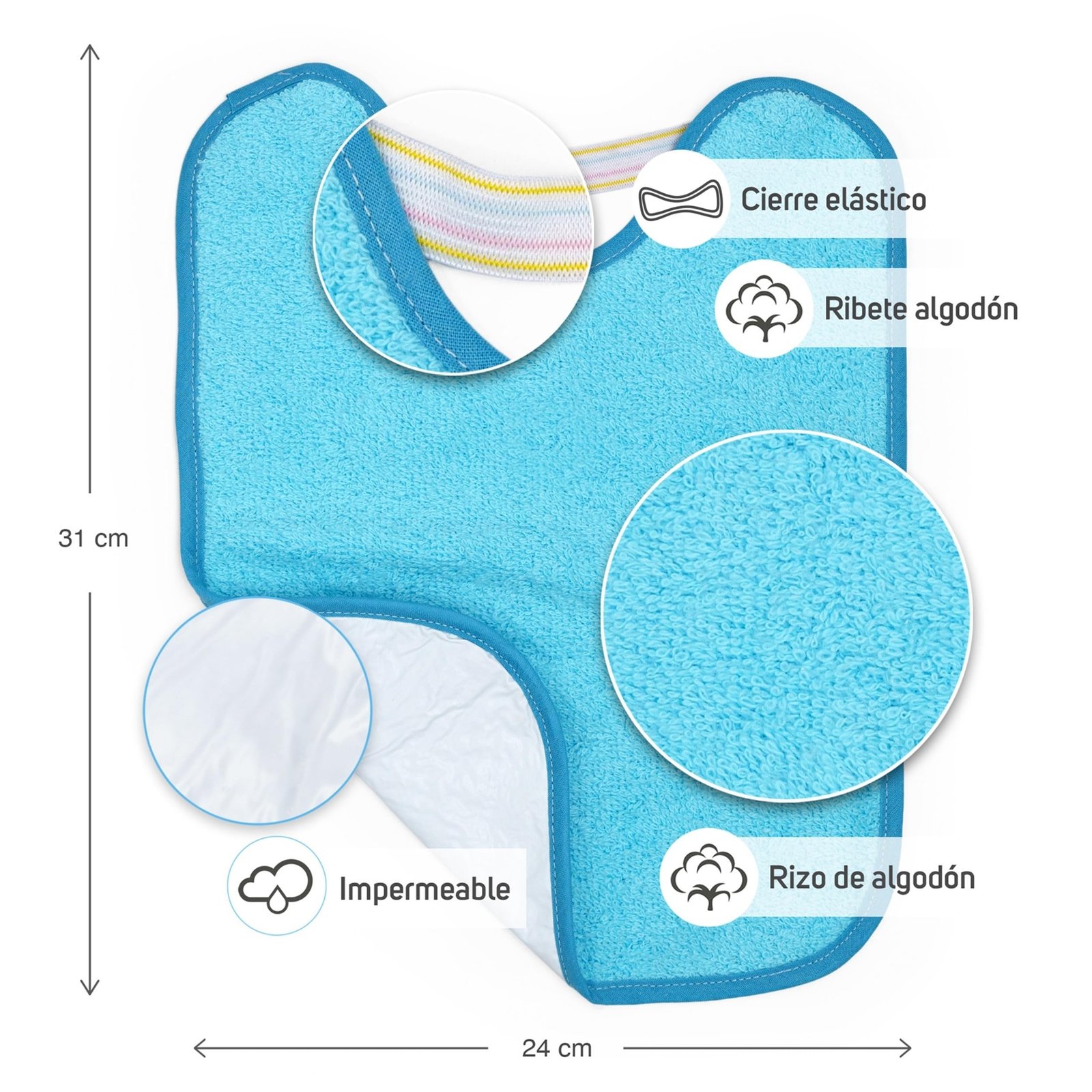 Ti TIN Pack 4 Baberos Bebé Impermeables 31x24 cm, 6-12 Meses | 90% Rizo Algodón Suave y Absorvente, Ideal Guardería, Ajustable con Goma Elástica, Lavadora y Secadora
