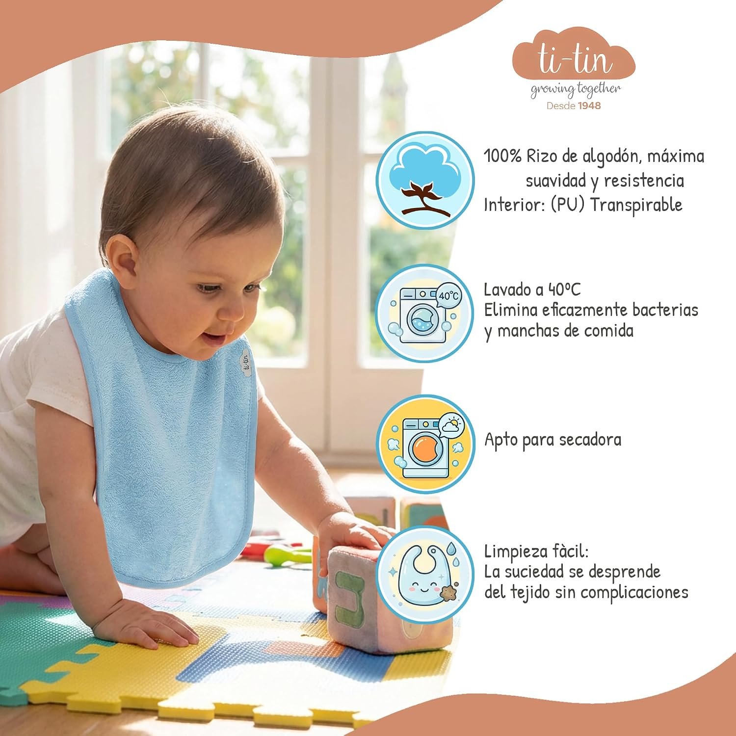 Ti TIN Pack 5 Baberos Bebé Impermeables 31x24 cm, 6-12 Meses | 100% Rizo Algodón Suave y Absorvente, Ideal Guardería, Ajustable con Goma Elástica, Lavadora y Secadora