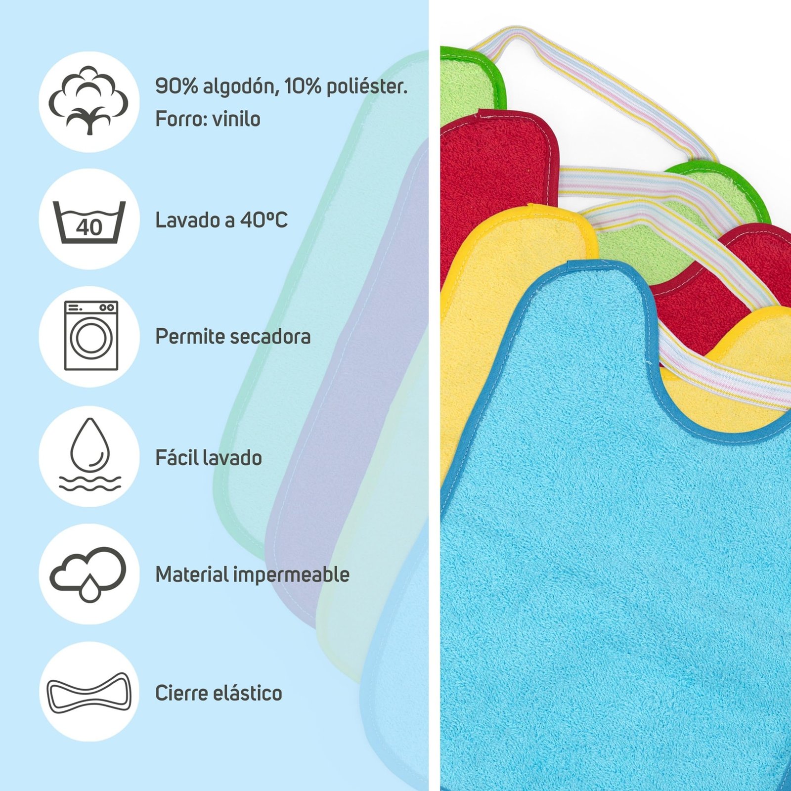 Ti TIN Pack 4 Baberos Bebé Impermeables 31x24 cm, 6-12 Meses | 90% Rizo Algodón Suave y Absorvente, Ideal Guardería, Ajustable con Goma Elástica, Lavadora y Secadora