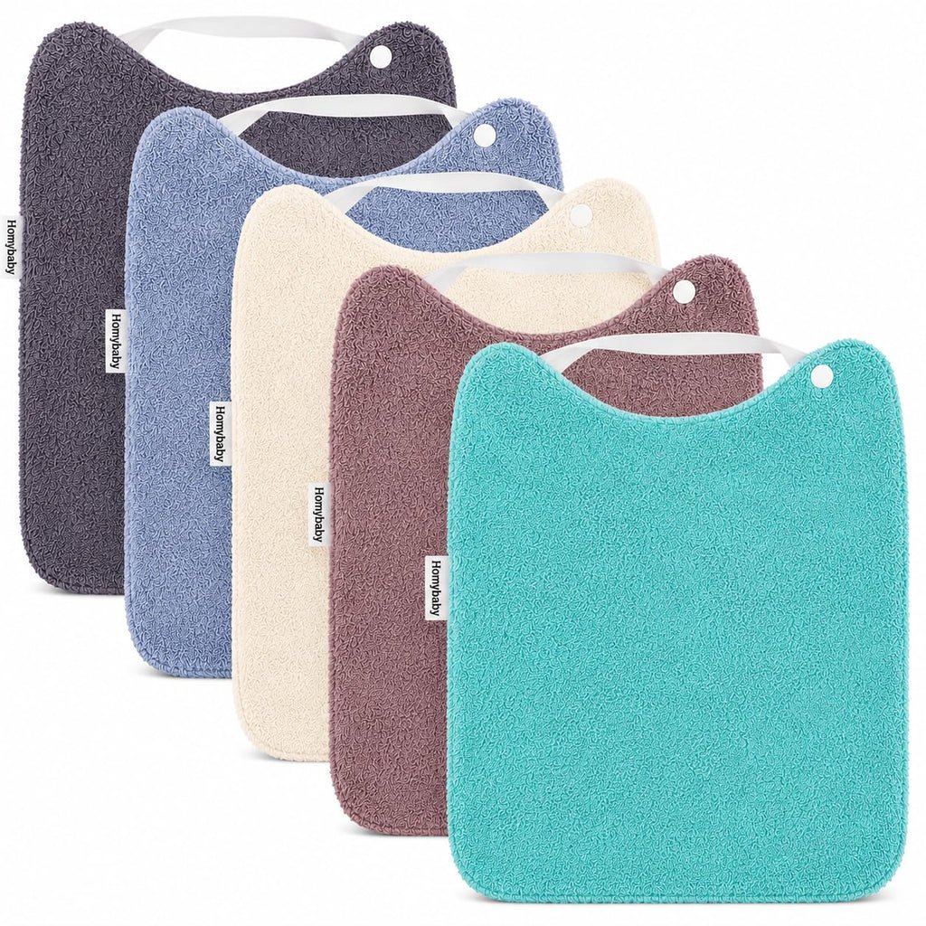 HOMYBABY® Pack 5 Baberos Rizo Bebe Impermeables y Absorbentes - Ideal Guarderia - Fáciles de Poner y Quitar - Rizo Suave Algodón y Capa de Poliester Repelente Líquido - Babero Resistente Reutilizable